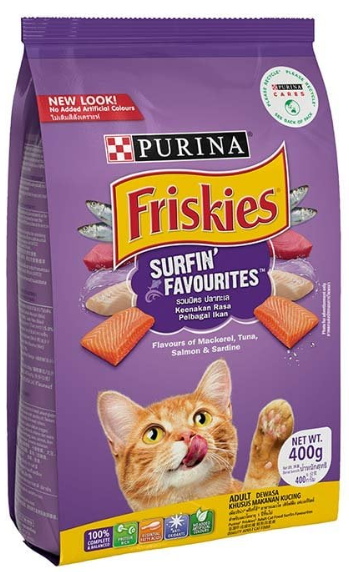 Friskies 400 G (ม่วง) Surfin รวมมิตรปลาทะเล รสปลาทูน่าและซาร์ดีน